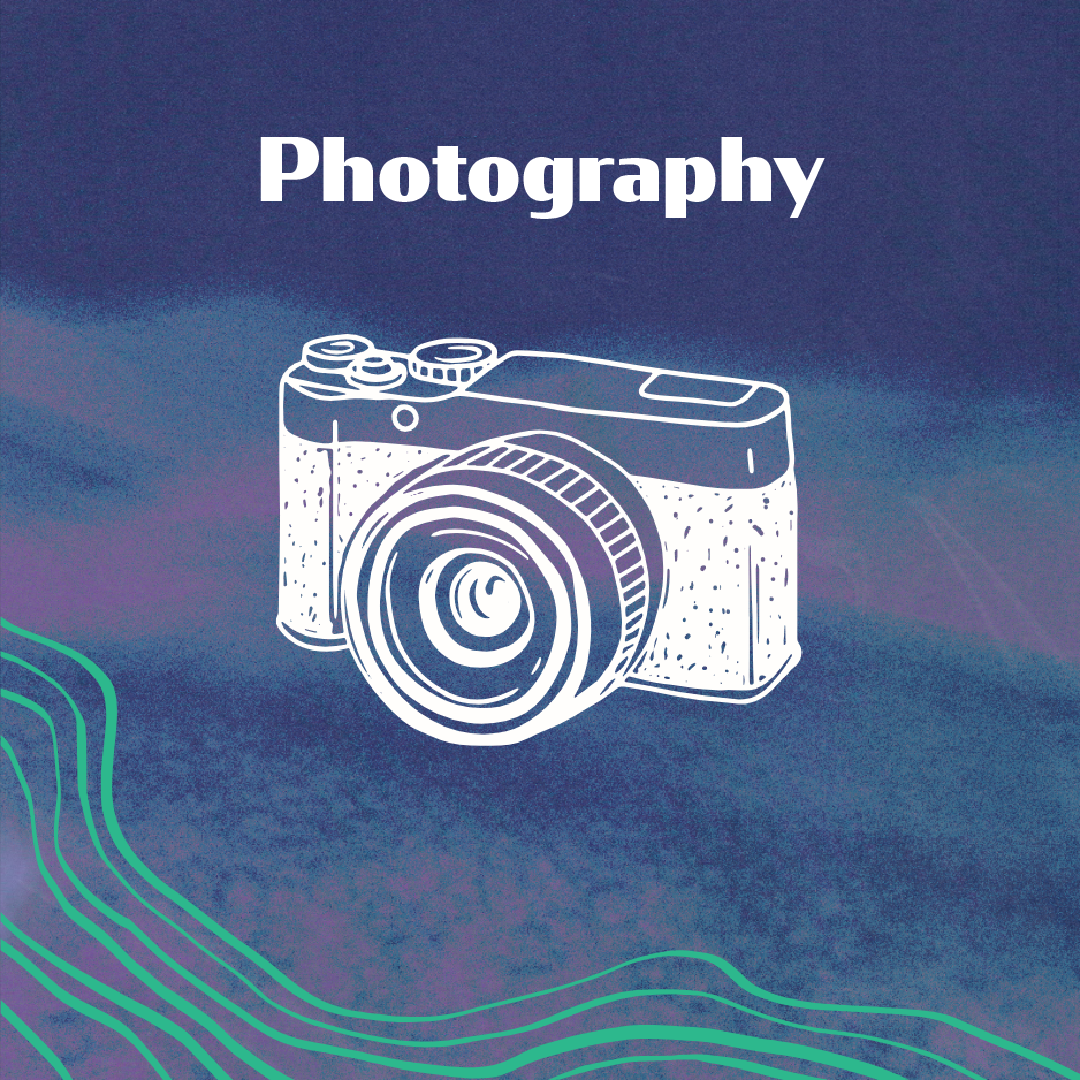 An illustration of a photography camera and waves on a purple background.
