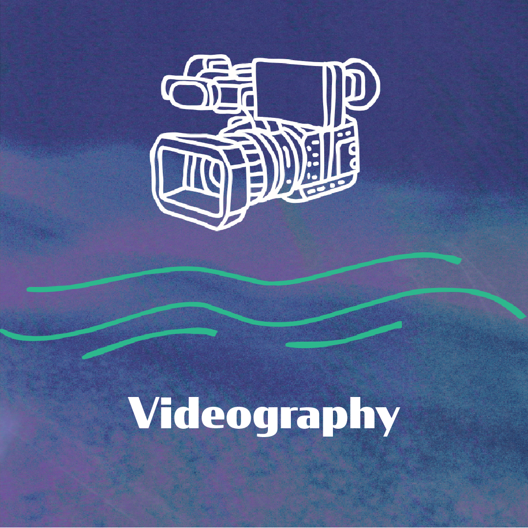 An illustration of a video camera and waves on a purple background.