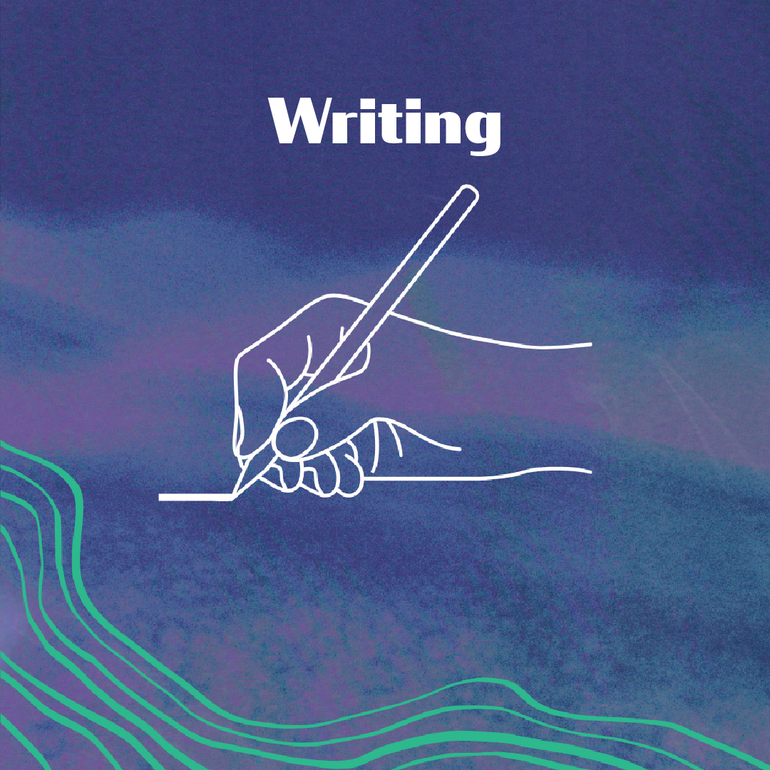 An illustration of writing hand and waves on a purple background.